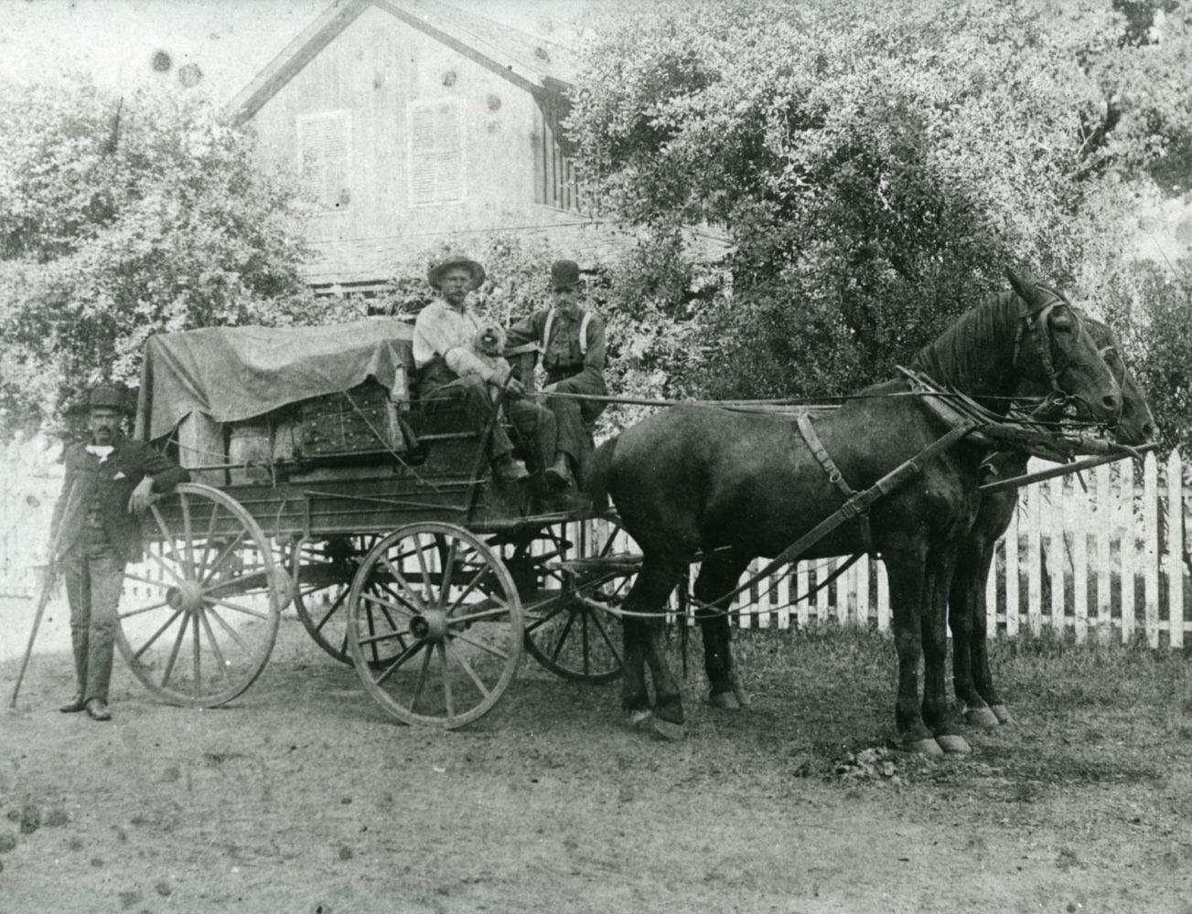 Men with supplies on horse and carriage outside the Woodside Store