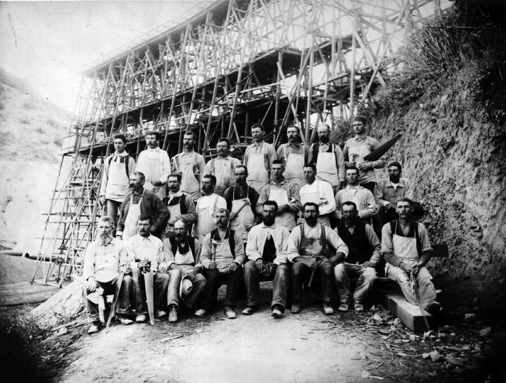 Archival photo of Crystal Spring Dam workers from Natures Bounty exhibit at San Mateo County History Museum