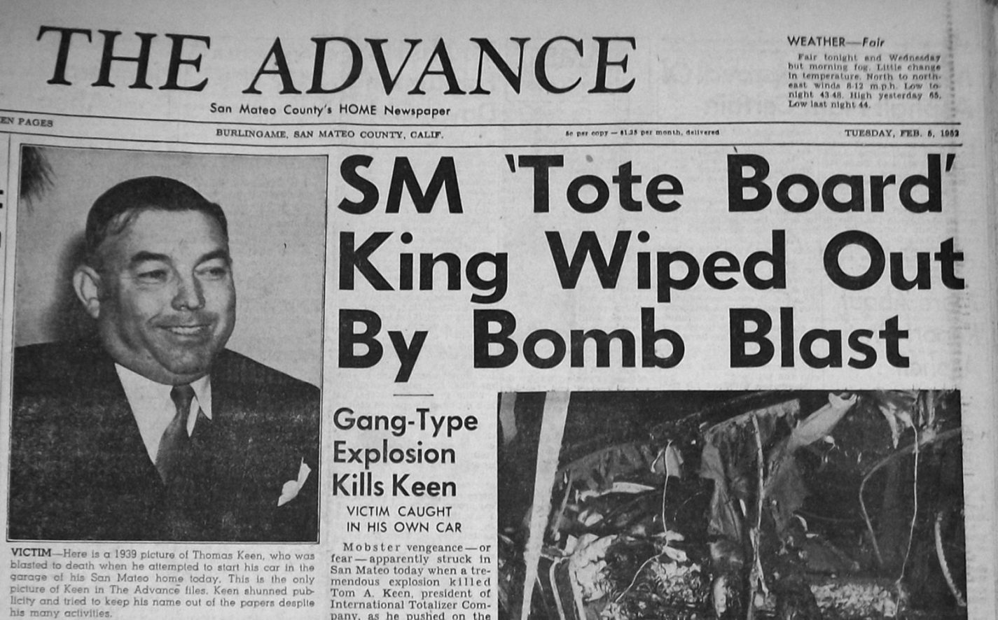 Burlingame Advance newspaper cover from Feb 5, 1952 with headline SM 'Tote Board' King Wiped Out by Bomb Blast