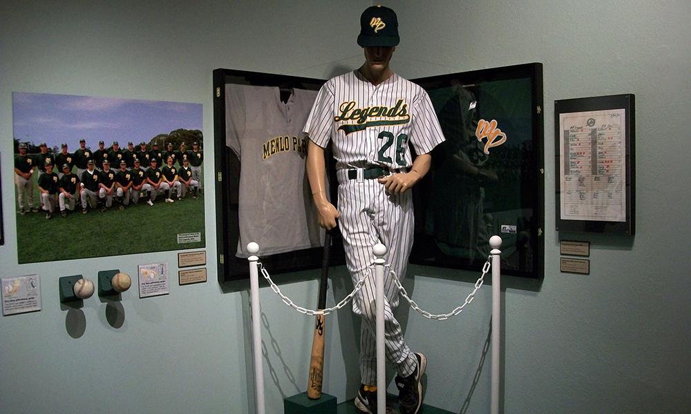 Baseball uniform and memorabilia from Lets Play Ball exhibit at the San Mateo County History Museum