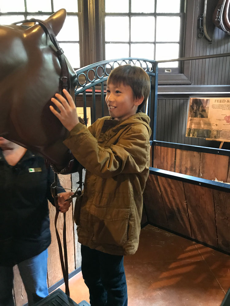 Students at the Folger Stable school program looking at a life size model horse