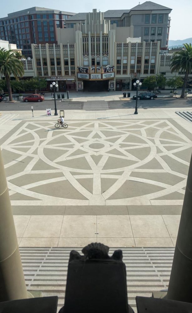 View of square in front of the San Mateo County History Museum from the Mavericks exhibit