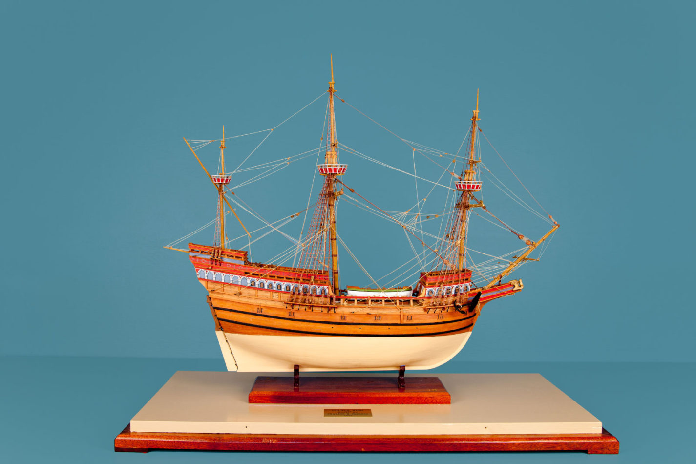 Golden Hind model ship at the Ships of the World exhibit at San Mateo County History Museum