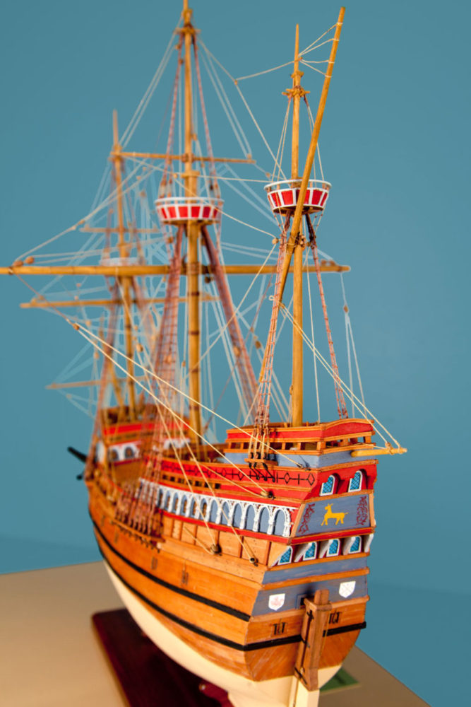 Golden Hind model ship at the Ships of the World exhibit at San Mateo County History Museum