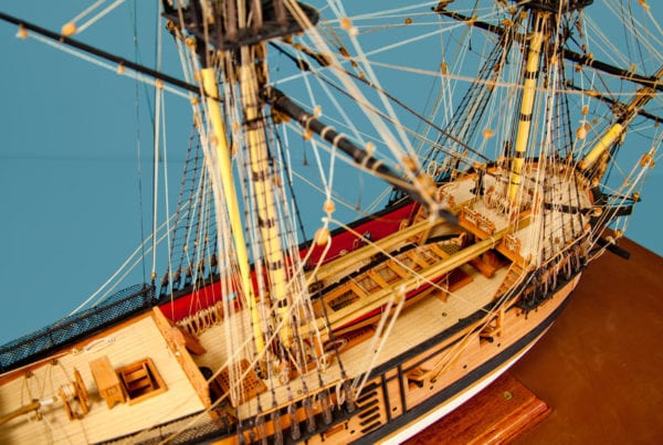 Detail of the San Carlos model ship at the Ships of the World exhibit at San Mateo County History Museum