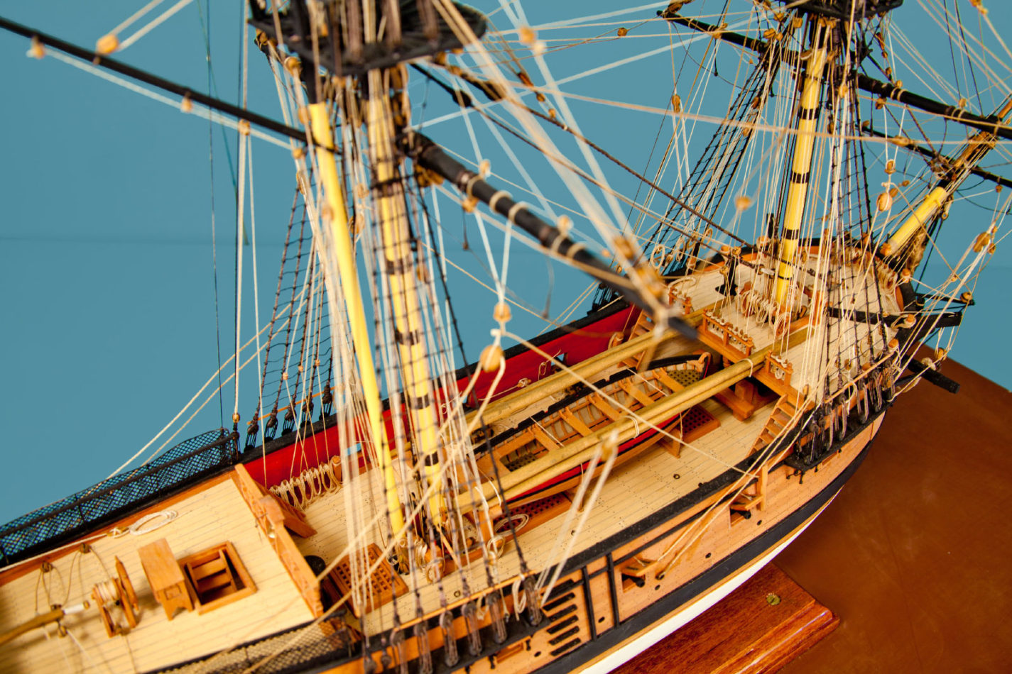 Detail of the San Carlos model ship at the Ships of the World exhibit at San Mateo County History Museum