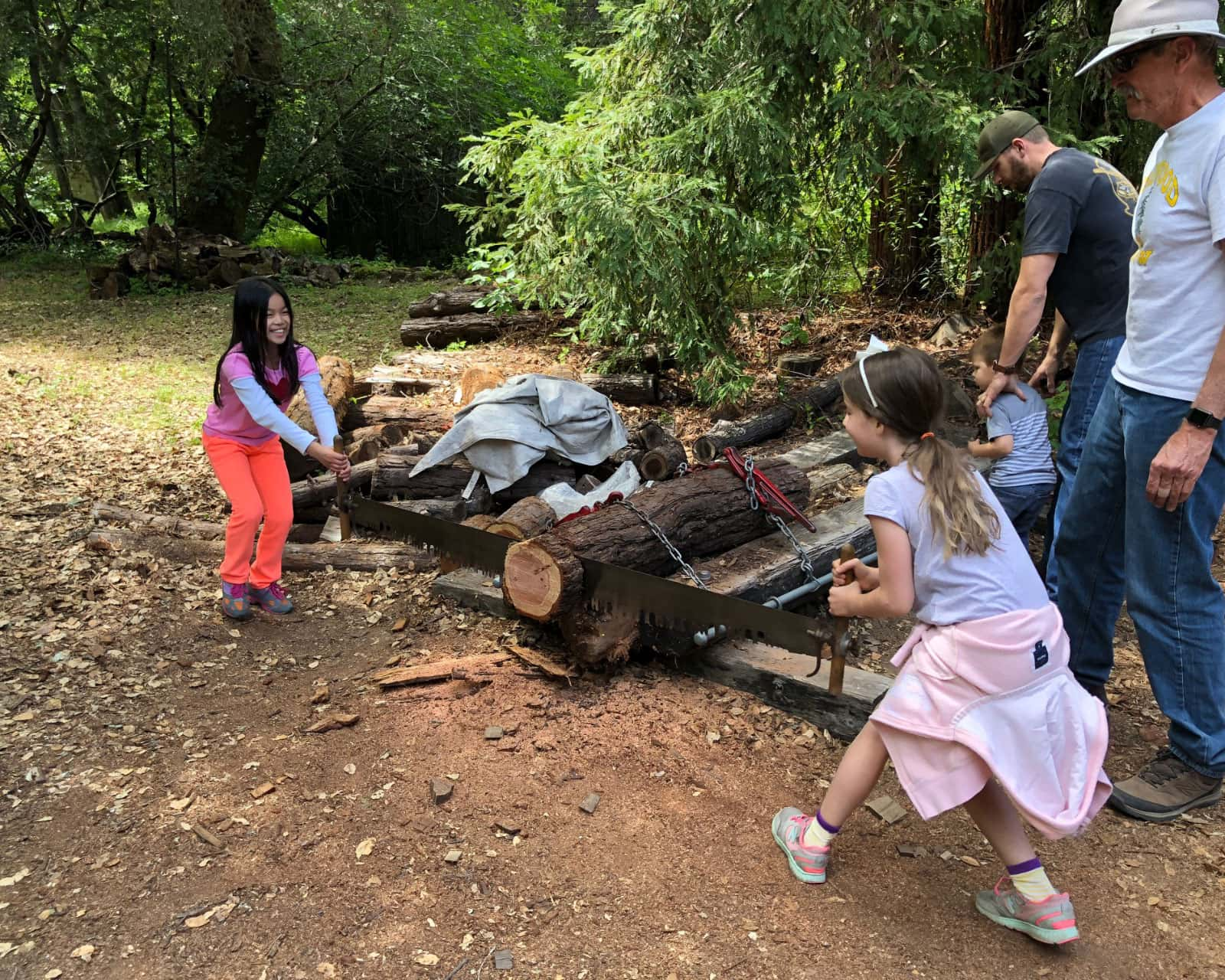 Two young girls saw a log with a two handled saw at Old Woodside Store Day