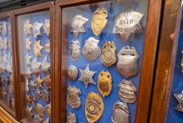 Walter Moore police badge collection at the San Mateo County History Museum