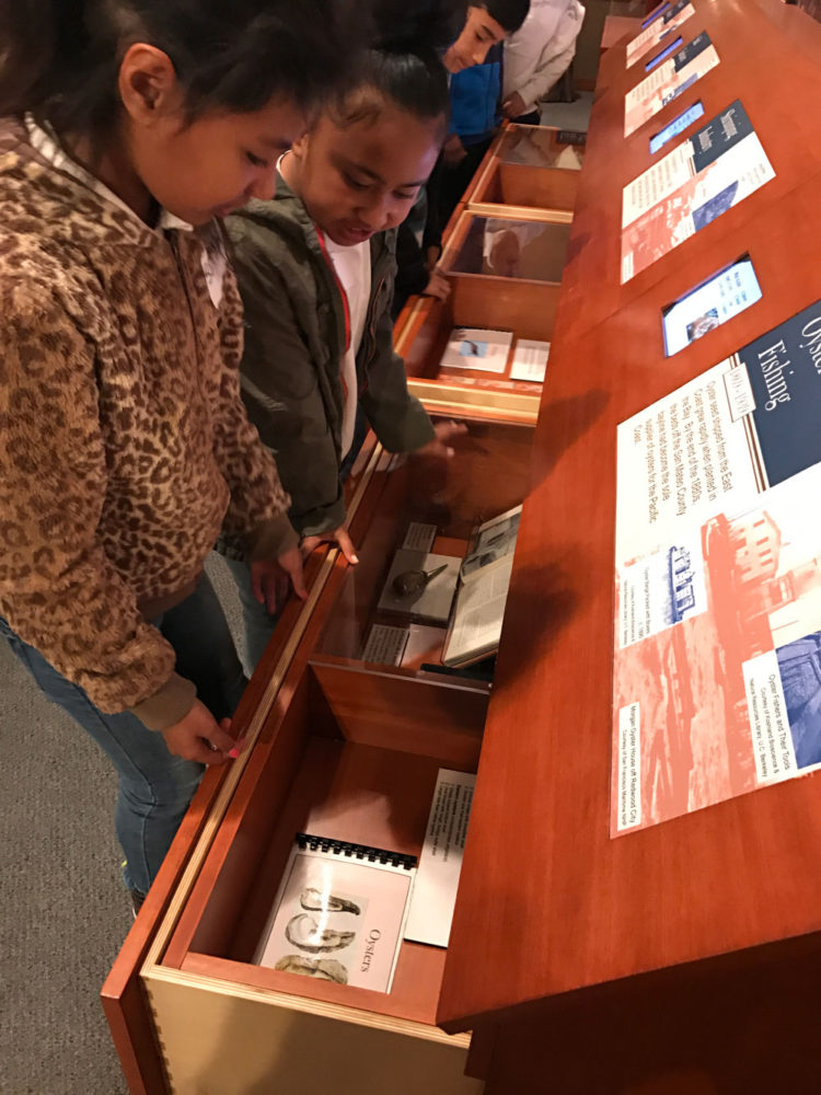 Young girl explores an interactive display at Providing Plenty school program at the San Mateo County History Museum