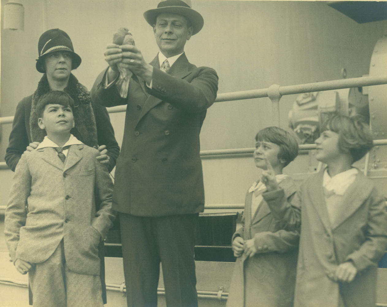 Archival photo of the Roth family on board a ship