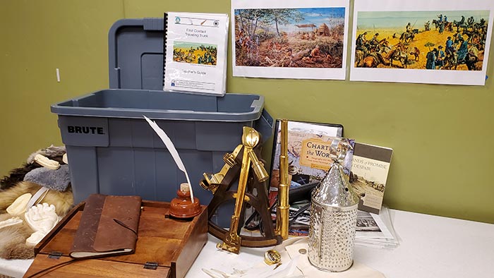 First Contact Traveling Trunk for school programs created by the San Mateo County History Museum
