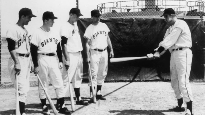 Archival photo of San Francisco Giants practicing batting