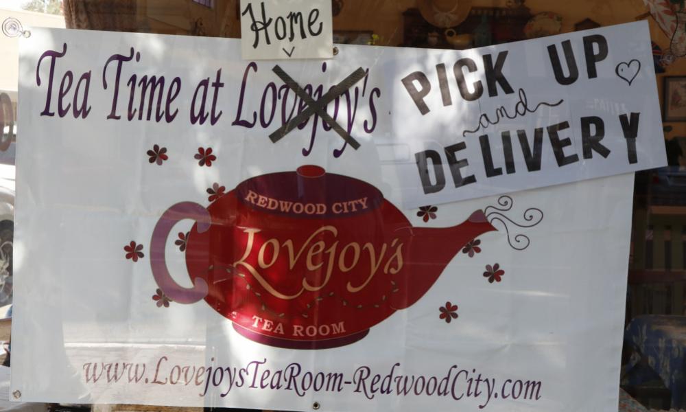 Sign for Tea Time at Lovejoys during COVID 19 updated to say Tea Time at Home Pick Up and Delivery