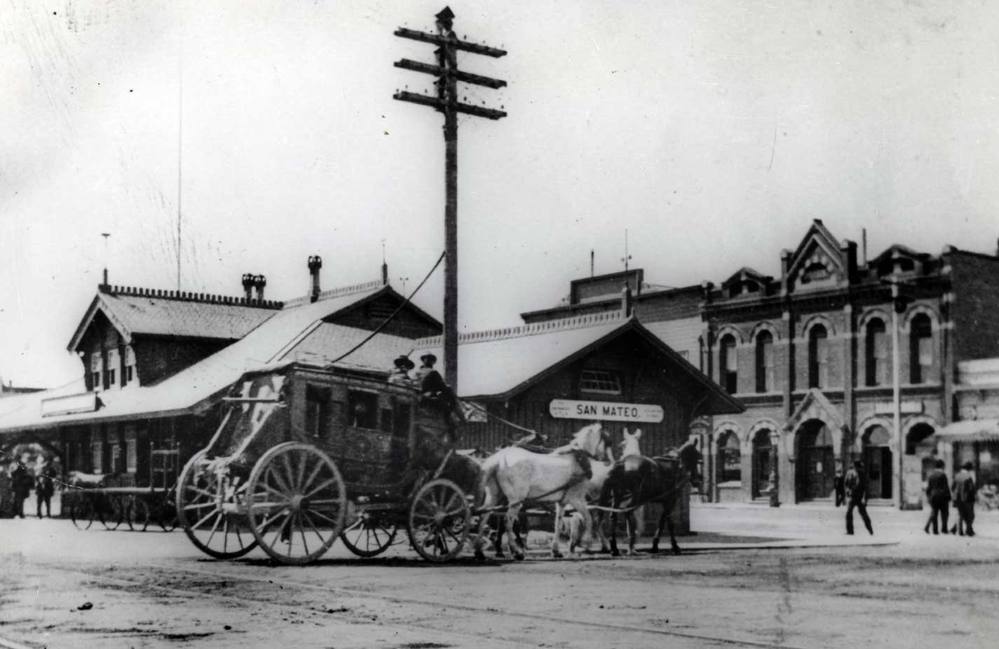 Archival photo of Stagecoach at San Mateo Train Station