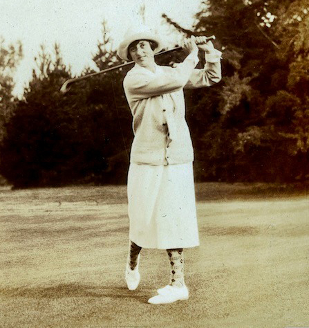 Helen Lengfeld golfing in skirt and hat