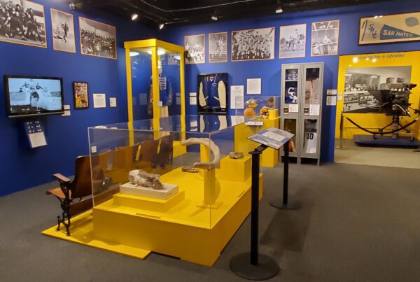 Overview of the College of San Mateo exhibit showing pictures and exhibit cases