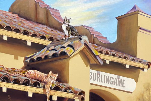 Painting of cats on the roof of the Burlingame Train Station