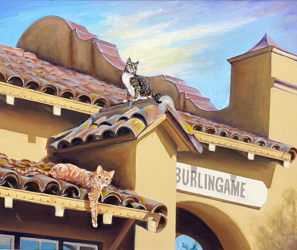 Painting of cats on the roof of the Burlingame Train Station